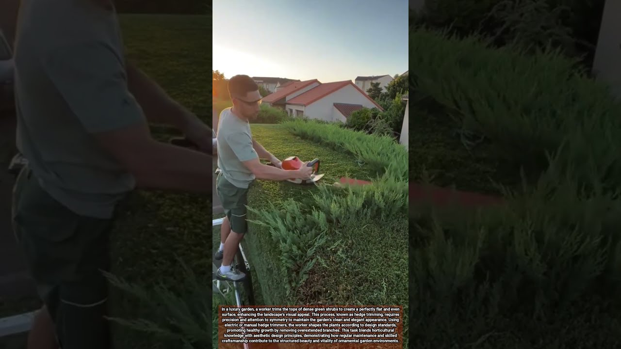Worker Trimming Tops Of Green Shrubs In Luxury Garden For Perfectly Flat Finish