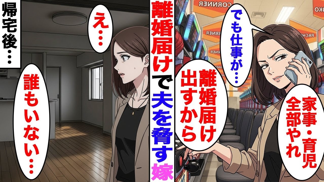 【漫画】気弱な夫に記入済みの離婚届を叩きつけた嫁→専業主婦なのに家事育児を丸投げしてパチンコを打ち続けた結果【スカッと】【ママスカ】