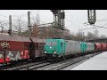 Güterzug-Parallelfahrt im Schnee: Zwei Baureihen 185 in Doppeltraktion am Bahnhof Hamburg-Harburg