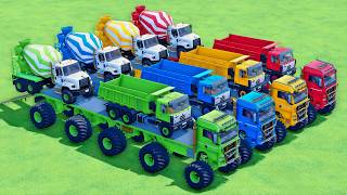 ALL COLORFUL MIXER TRUCKS and DUMP TRUCKS, VOLVO, MAN, FREIGHTLINER with DOUBLE FLATBED TRUCK - FS22 screenshot 5