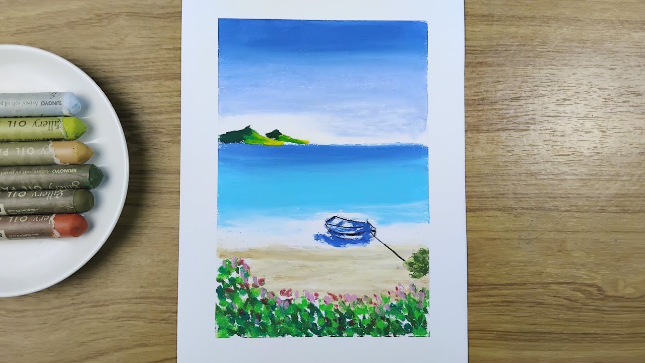 Easy beach landscape drawing with oil pastels 