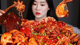 ASMR ยำทะเล อาหารทะเลนึ่ง อาหารทะเล ปลาหมึก, กุ้ง, ปู, ปลาหมึก MUKBANG Eating Show