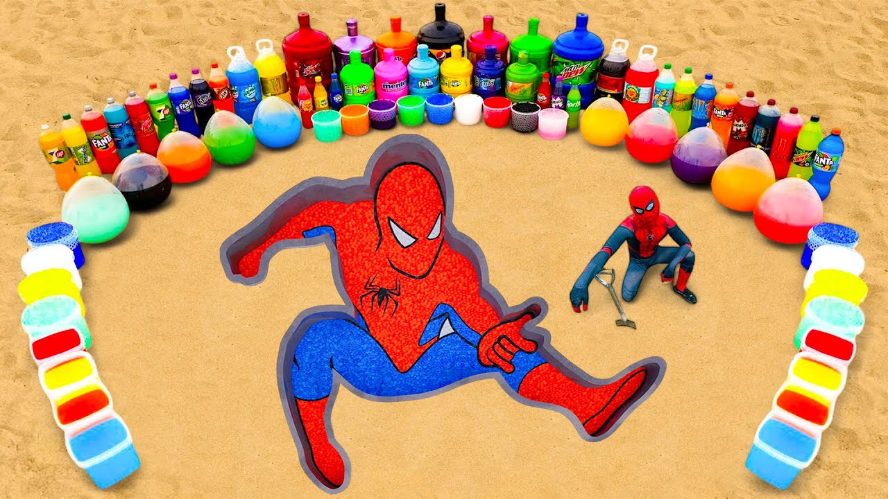 Big Toothpaste Eruption from Spiderman pit, Balloons Fanta, Pepsi, Mtn Dew, Big Coca Cola vs Mentos