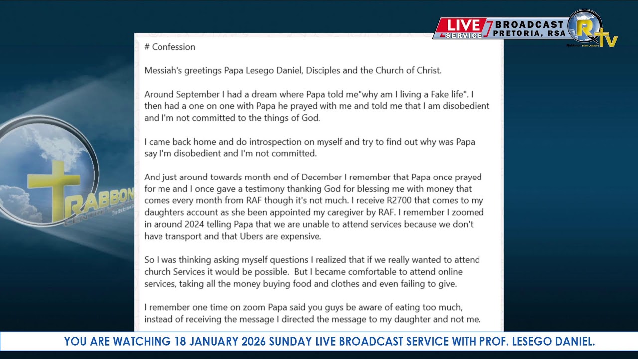 18 JANUARY 2026 SUNDAY LIVE BROADCAST SERVICE WITH PROF. LESEGO DANIEL PART 4