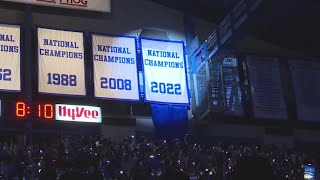 KU unveils championship banner, welcomes Shaq to Lawrence