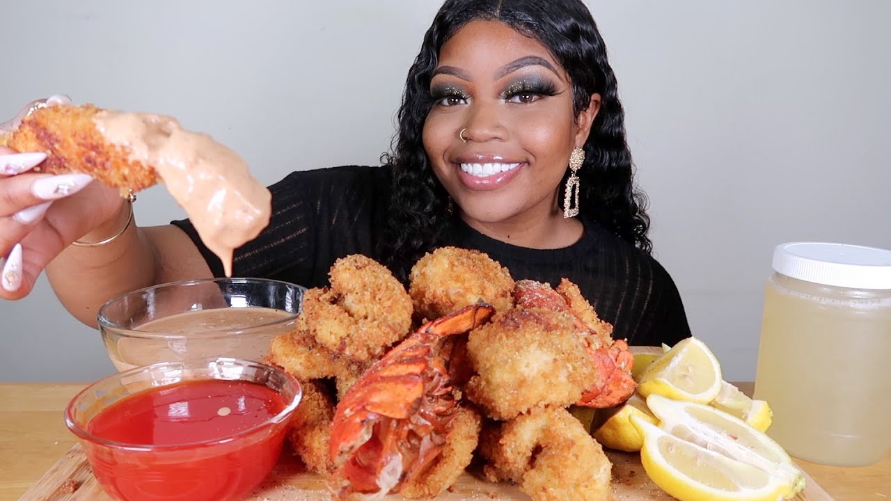 DEEP FRIED KING CRAB LEG MUKBANG+ LOBSTER TAILS/ SEAFOOD BOIL W/ QuttieQue Sauce