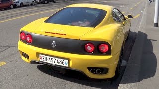 Yellow Ferrari 360 Modena revving and driving around Zurich!