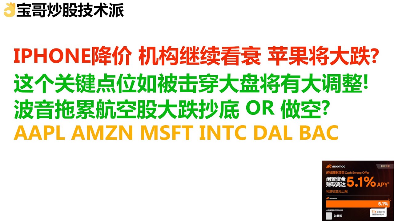 IPHONE降价，机构继续看衰，苹果将大跌？这个关键点位如被击穿美股大盘将有大调整！波音拖累航空股大跌抄底 OR 做空？AAPL AMZN MSFT  INTC DAL BAC！01152024