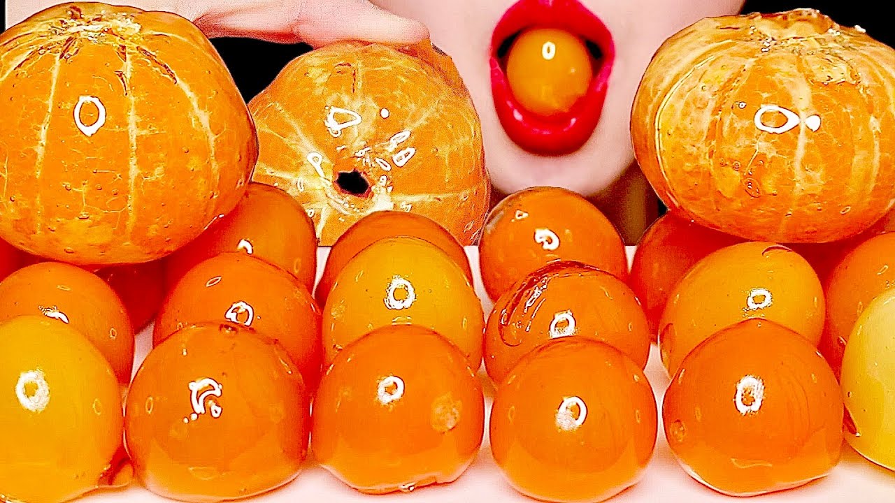 ASMR CANDIED FRUITS ORANGE CHERRY TOMATO TANGHULU EATING SOUND NO TALKING