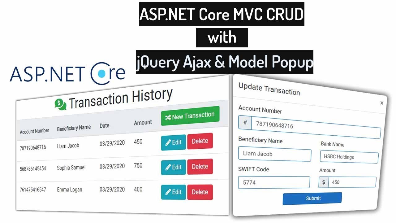 สอน asp net mvc  Update  jQuery Ajax CRUD in ASP.NET Core MVC using Popup Dialog