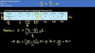 11. Find the mean deviation about median Marks 0-10 10-20 20-30 30-40 40-50 50-60 Number of Girls-