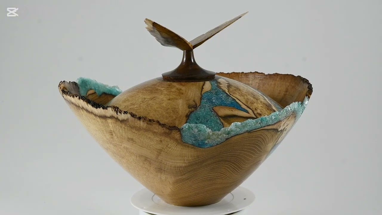 Large handmade Black  Locust Burl wood urn with blue mineral inlay and butterfly lid