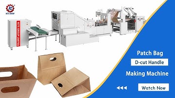Paper bag making machine suppliers | D-cut handle paper bag|with plastic film as handle part patch