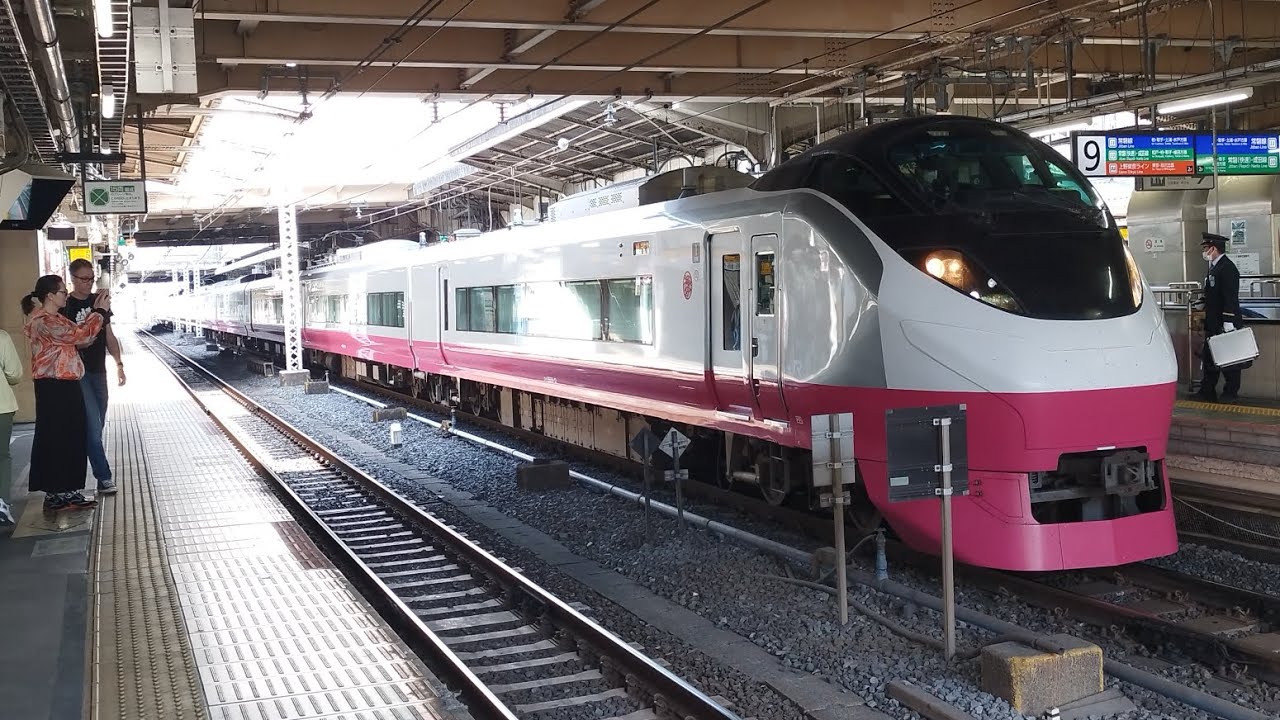E657系 K12編成 フレッシュひたちリバイバルカラー編成 紅色(スカーレットブロッサム)塗装 特急ときわ60号品川行が上野駅9番線を発車 ...