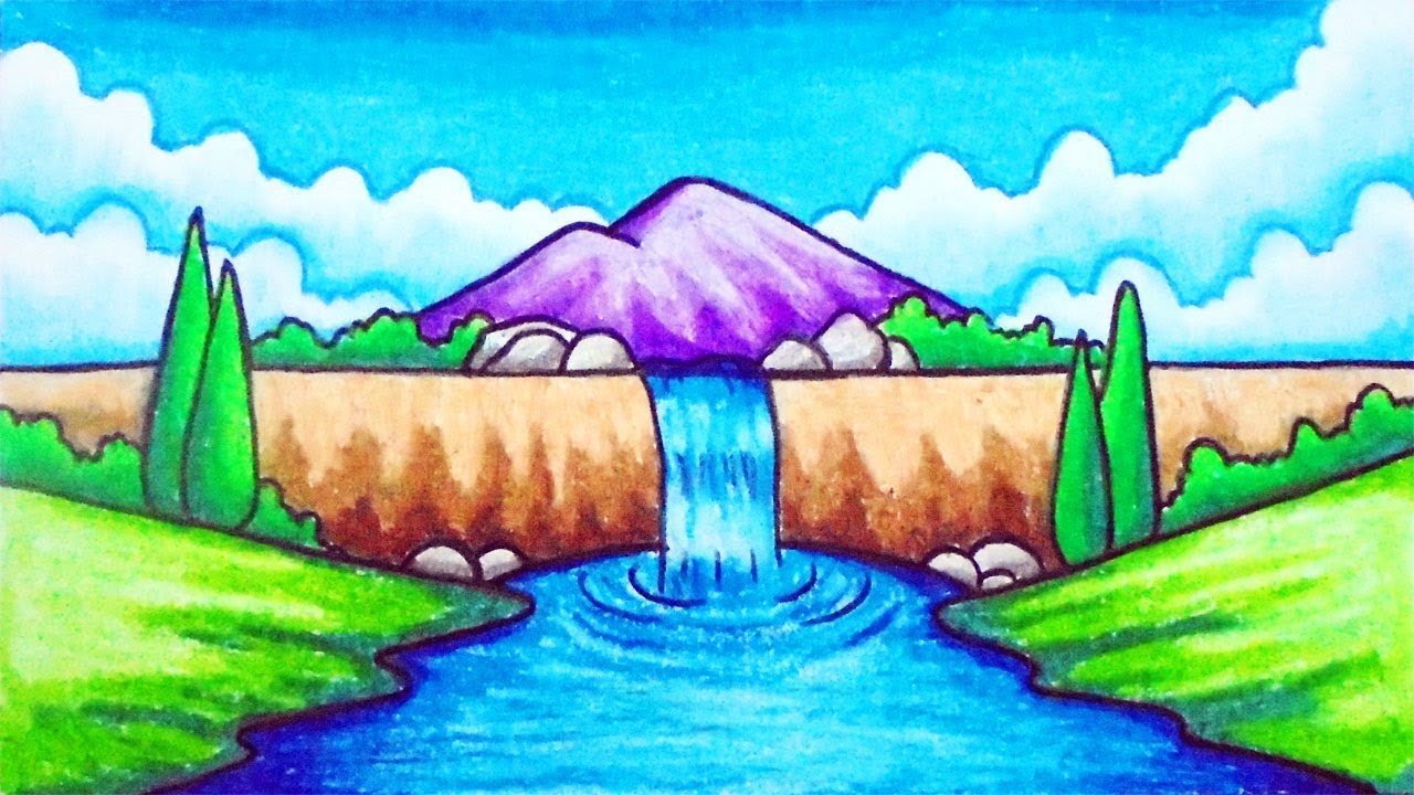 Cómo dibujar un paisaje fácil | Dibujando un paisaje de Cascada paso a