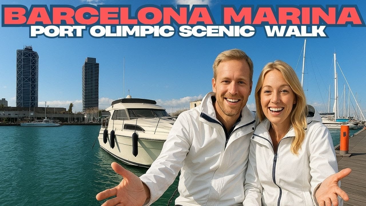Barcelona Port Olímpic Walking Tour. Scenic Marina Walk With Cool Facts. Spain 4K