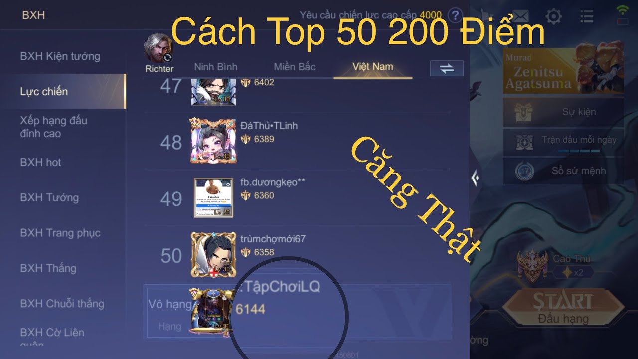 Garena Liên Quân Mobile: Leo Top 50 Chiến Lực Richter || Ytb:TậpChơiLQ