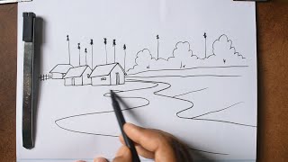 Quick Line Drawing with Sketch Pen | Village Landscape Step-by-Step Tutorial