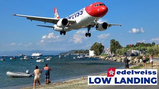 Edelweiss Airbus A320 | Windy Landing at Skiathos Airport | ATC Comms | Low Landing over Beach [4K]