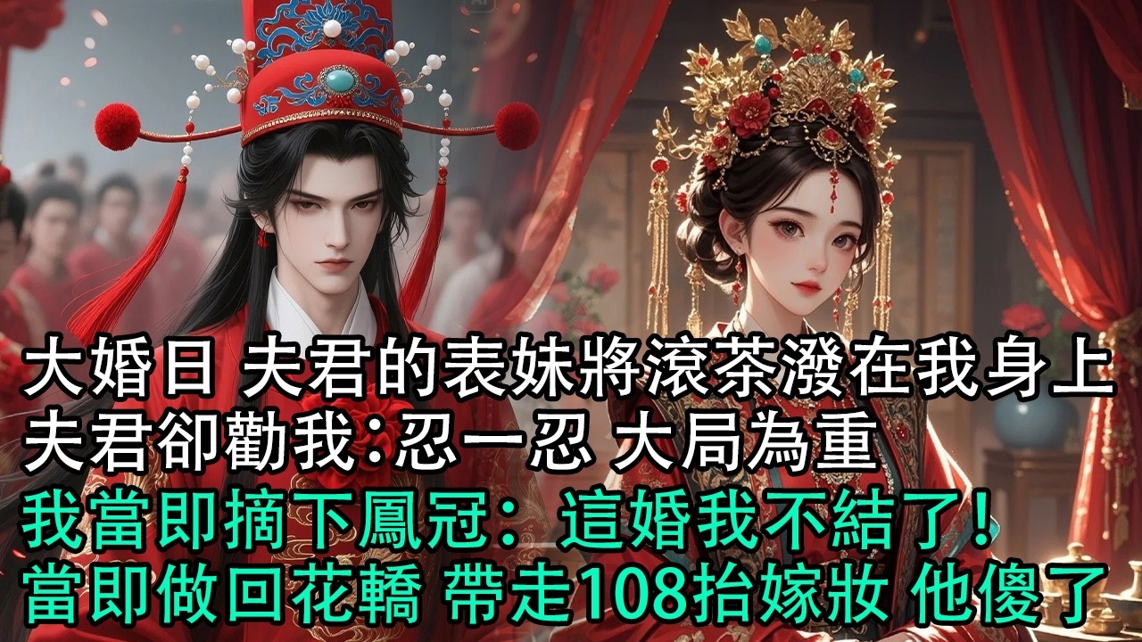 【一口氣看完】大婚日 夫君的表妹將滾茶潑在我身上，夫君卻勸我：忍一忍，大局為重，我當即摘下鳳冠：這婚我不結了！當即做回花轎 帶走108抬嫁妝 他傻了#古言 #有聲小說 #情感故事