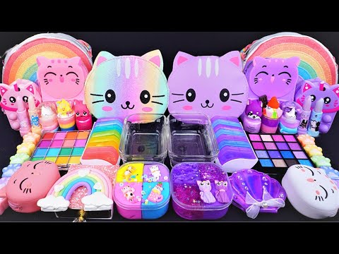 Rainbow Cat vs Purple Cat Slime Mixing Random Cute, shiny things into slime #ASMR #slimevideos #슬라임