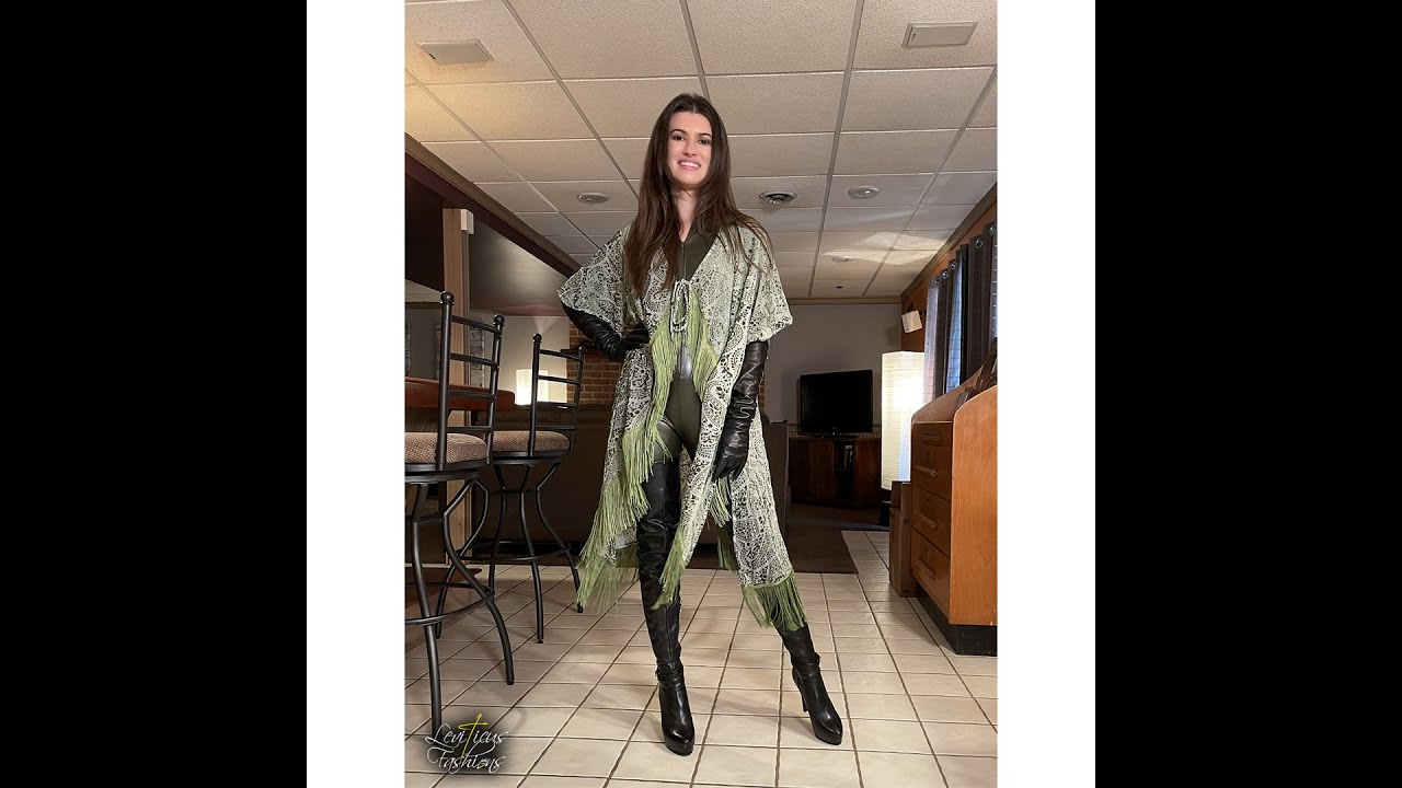 USHOWHEY VELVET SHAWL MADISON MODELS FASHION FAUX LEATHER JUMPSUIT LONG GLOVES GREEN THIGH BOOTS  02