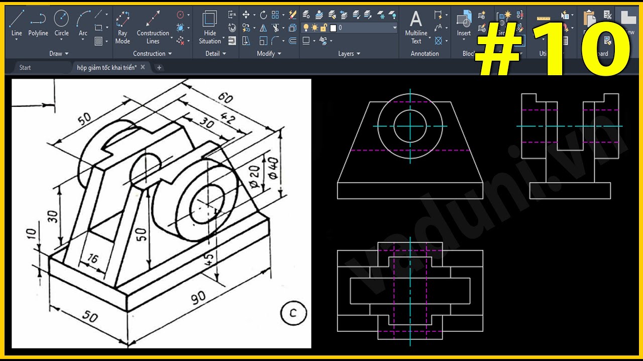 Vẽ kỹ thuật cơ khí | Vẽ hình chiếu thứ 3 trong AutoCAD | VADUNI ...