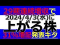 2024/4/3(水)に株価が上がる株、株式投資・デイトレの参考に。スギホールディングスが29期連続増収で31%増配、すかいらーく月次好調