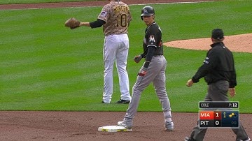 MIA@PIT: Yelich lines an RBI double to right field