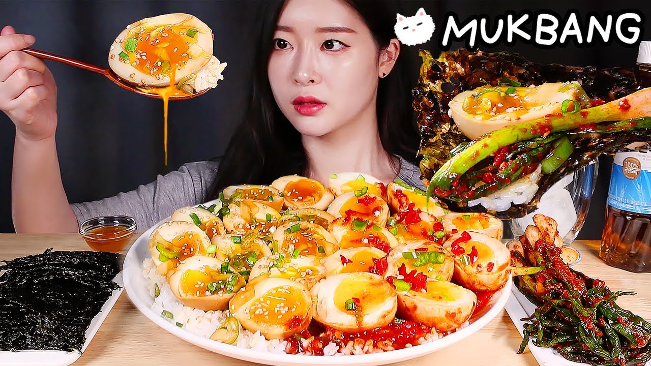 ASMR * Яйцо, маринованное в соевом соусе & Яйцо, маринованное в пряном огне 💛 лук кимчи MUKBANG