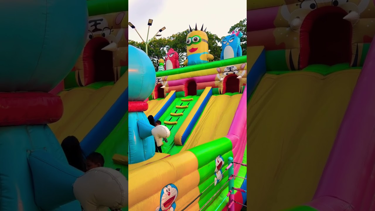 Cute minions and angrybird balloon palace slide