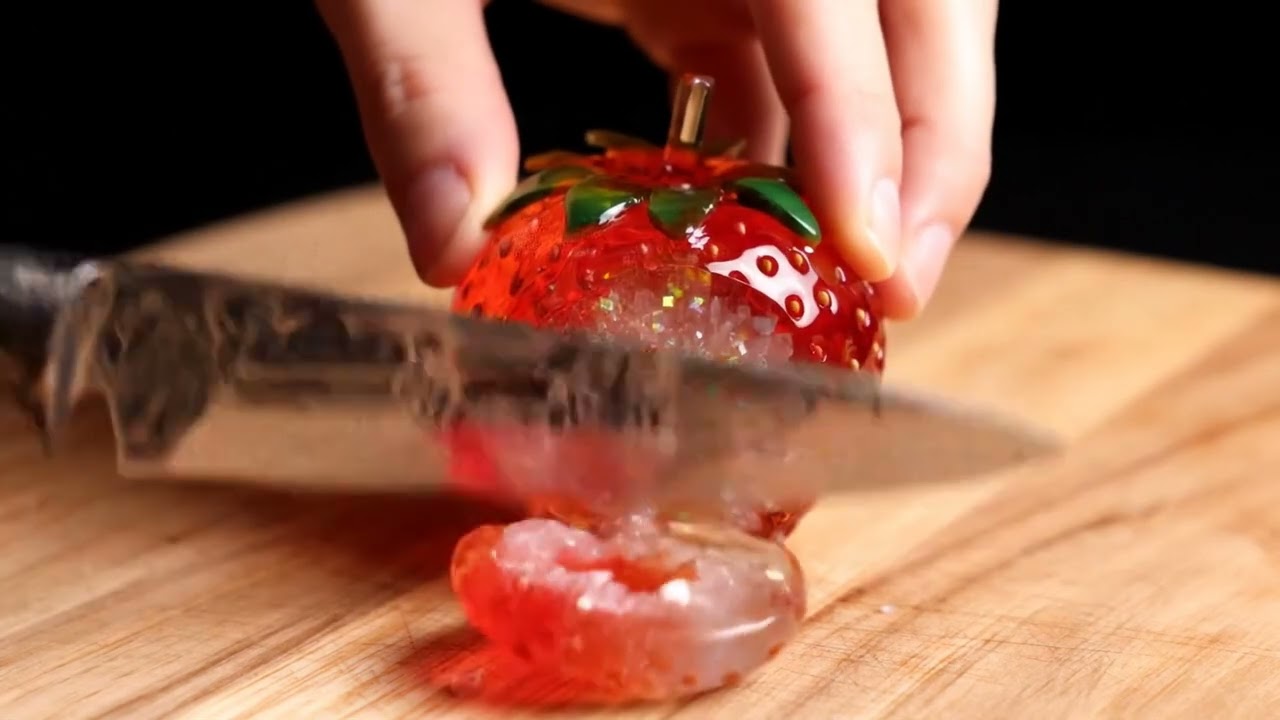 ASMR Glass Strawberry Cutting with a Damascus Steel knife