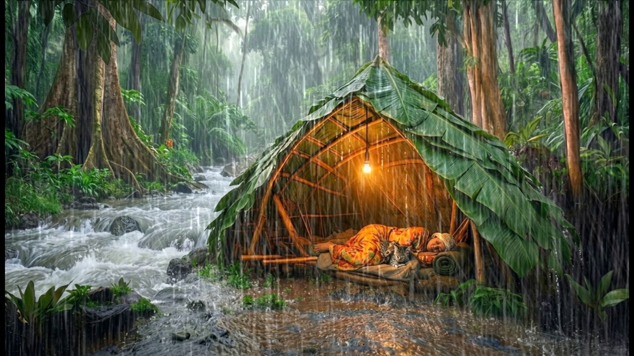 CAMPING IN POURING HEAVY RAIN STORM‼️STRUGGING TO BUILD A BAMBOO ...
