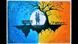 Romantic couple moon light easy drawing with Oil pastel - Step by Step | thalaivaa art