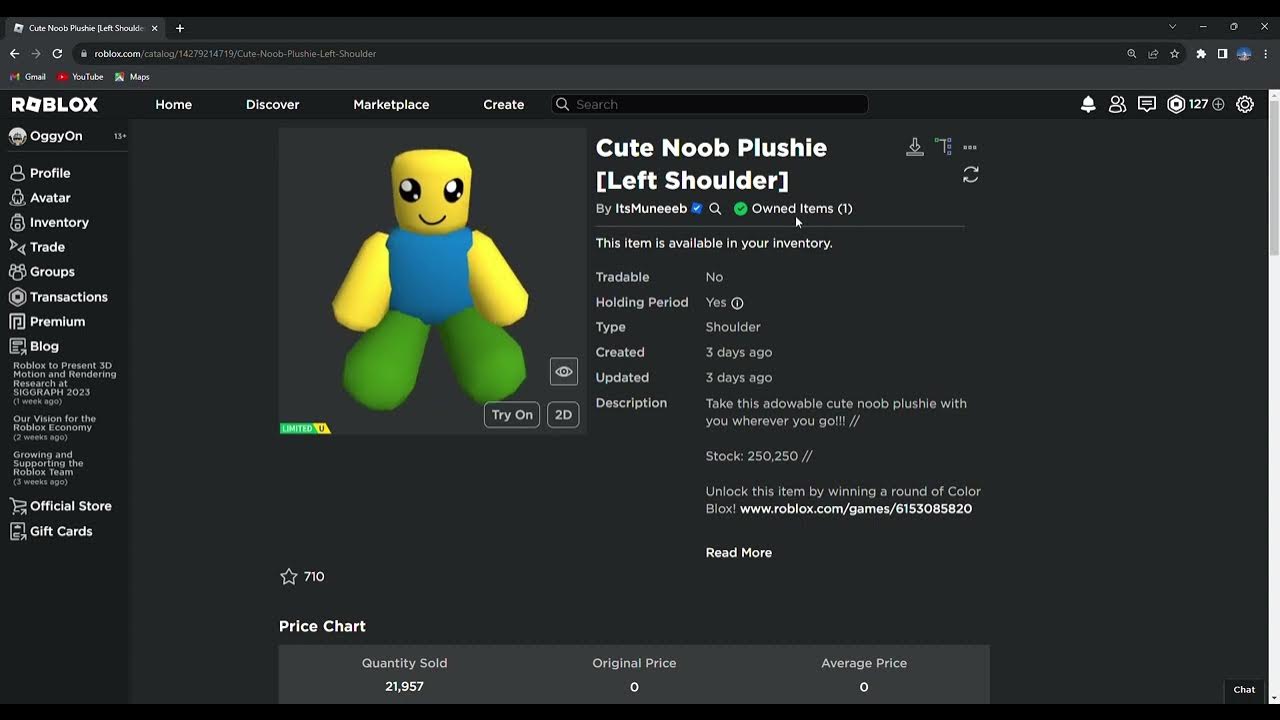 Getting Cute Noob Plushie Left Shoulder (Roblox Limited UGC) - YouTube