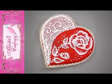 Rose and Lace Brush Embroidered Heart Cookie