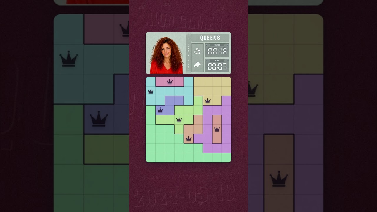 LinkedIn Queens #18 solved board for May 18, 2024, 9x9 grid