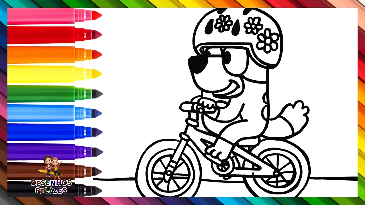 Desenhar e Colorir Bluey Andando de Bicicleta 🐶🚲🌈 Desenhos para Crianças