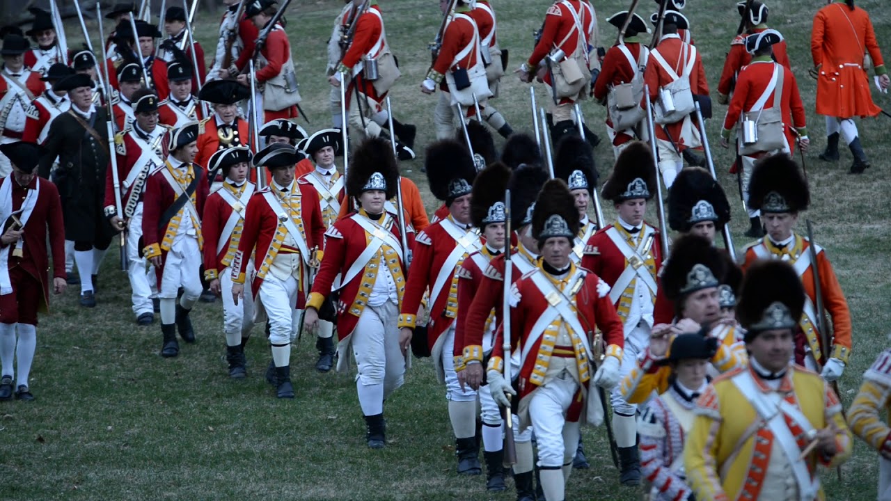 British Solder Marching at the end of reenactment of Tower Park Battle