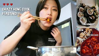 (mukbangvlog) Cooking FEAST at home w. Spicy Rice Cakes+Xlarge Tuna Kimbap + Oden soup Vlog!!