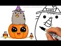 How to Draw Pusheen Cat on Pumpkin with Candy Corn step by step Easy -Halloween