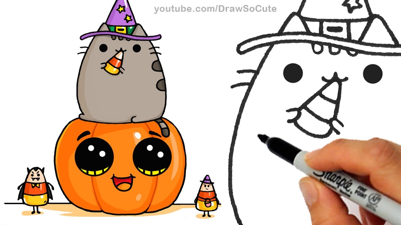 How to Draw Pusheen Cat on Pumpkin with Candy Corn step by step ...