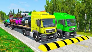 Double Flatbed Trailer Truck vs Speedbumps Train vs Cars | Tractor Beamng.Drive