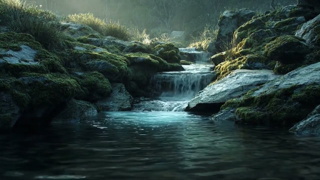 Gentle Mossy Waterfall: Calm Medieval Instrumental Music
