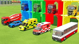 TRANSPORTING MERCEDES MINI BUS, VOLKSWAGEN POLICE, FORD POLICE, MERCEDES FIRE TRUCK TO GARAGE | FS22