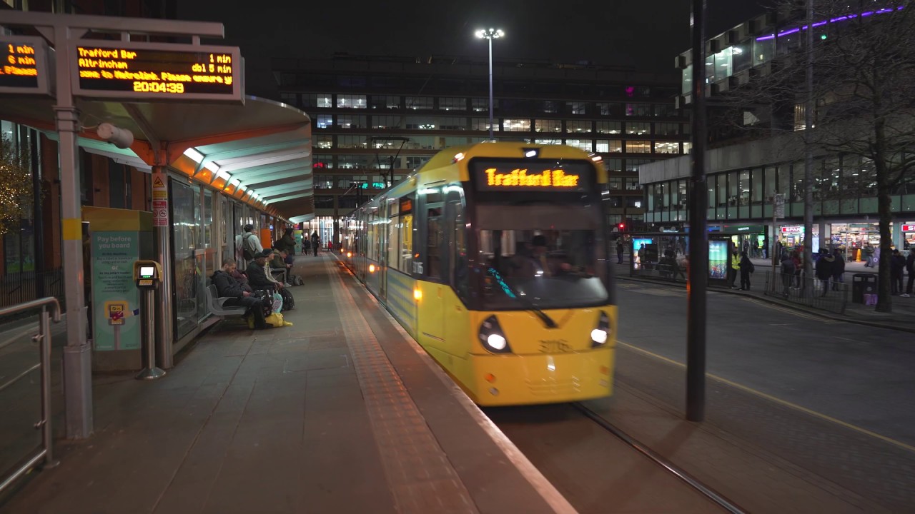 United Kingdom, Manchester, tram night ride from Piccadilly Gardens to
