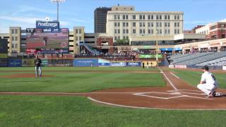 Bret Saberhagen throws out the first pitch at the Akron Rubber Ducks baseball game.