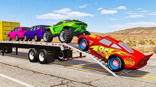 Red Race Car Transport with Flatbed Truck | Transportation with Truck-Pothole vs Car | BeamNG.drive