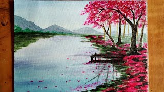 Easy Cherry Blossom Landscape Scenery Acrylic Painting/ Spring Season Painting with cherry blossom