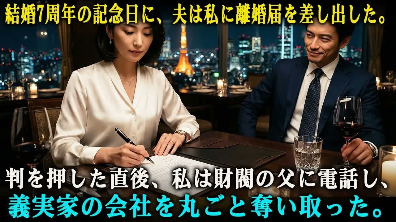 記念日ディナーの高級レストランで、夫は私に離婚届を投げつけた。結婚7年目の夜だった。「お前みたいな無能な女は、もう限界だ」と。彼の新しい相手は、取引先の社長令嬢で、お腹には彼の子供がいるらしい。義母も「貧乏臭い女」と嘲笑した。でも、誰も知らない。私の実家が、彼らが潰せると思っている小さな工場ではなく、世界に数十の関連会社を持つ巨大企業グループだってことを。私は静かに判を押し、夫に言った。「本...